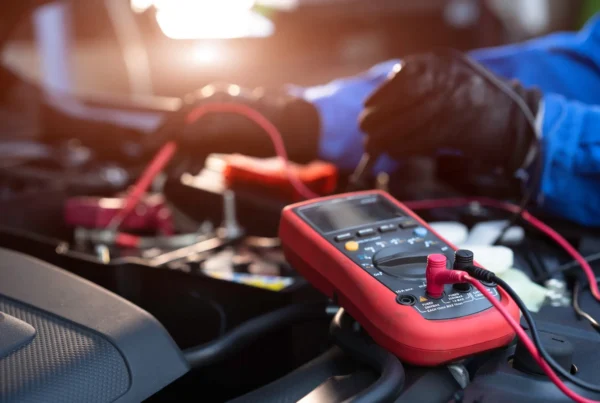 A red digital multimeter with red and black test leads sits on a car engine while a gloved technician works in the background.