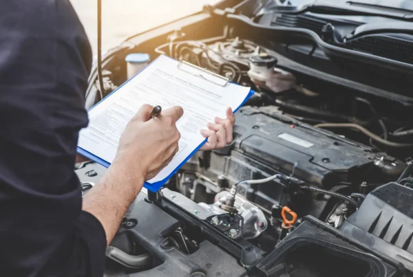 A mechanic holding a clipboard with a service inspection form while standing over a car's open engine bay.