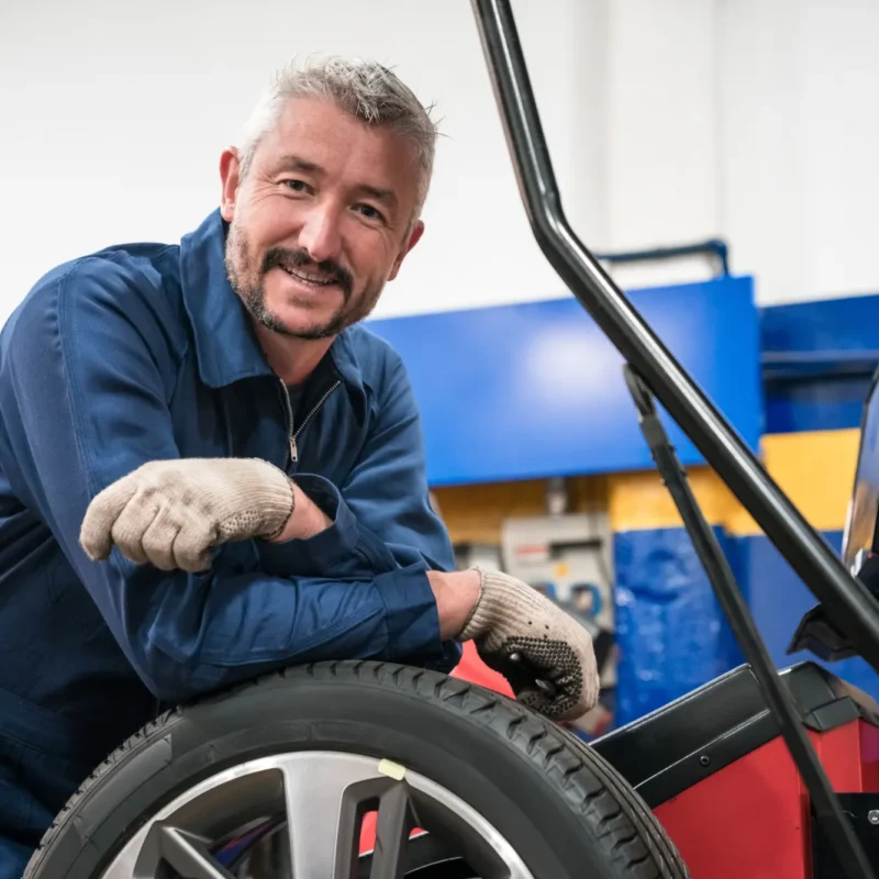 A smiling mechanic in blue coveralls and work gloves leans on a tire and alloy wheel loaded in a tire-changing machine inside an auto shop.